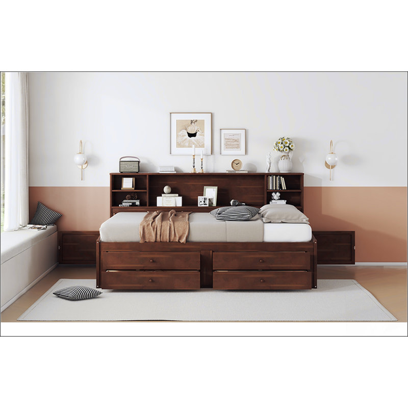 Captain Bed With Built-In Storage Shelves, 4 Drawers And 2 Cabinets