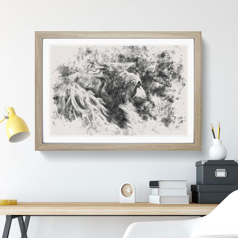 Majestic Lion Illustration Watercolour - Picture Frame Graphic Art Print, 33cm H x 45cm W x 2cm D, Oak Framed