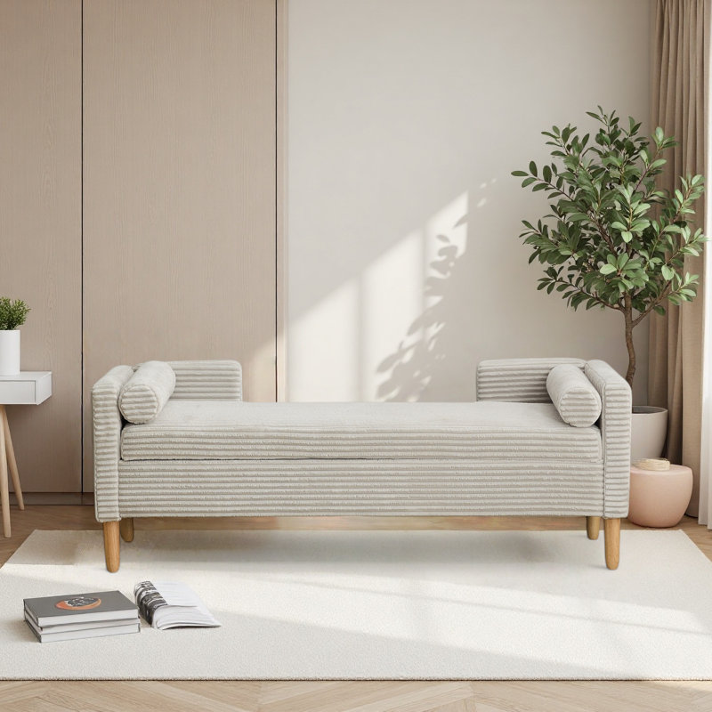 65.3" W Upholstered Storage Bench With Bolster Pillows, Light Gray