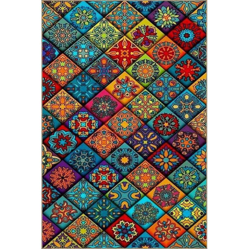Creative Woven Based Washable Carpet In Diamond-Patterned Mixed Tones, Round 3'4"