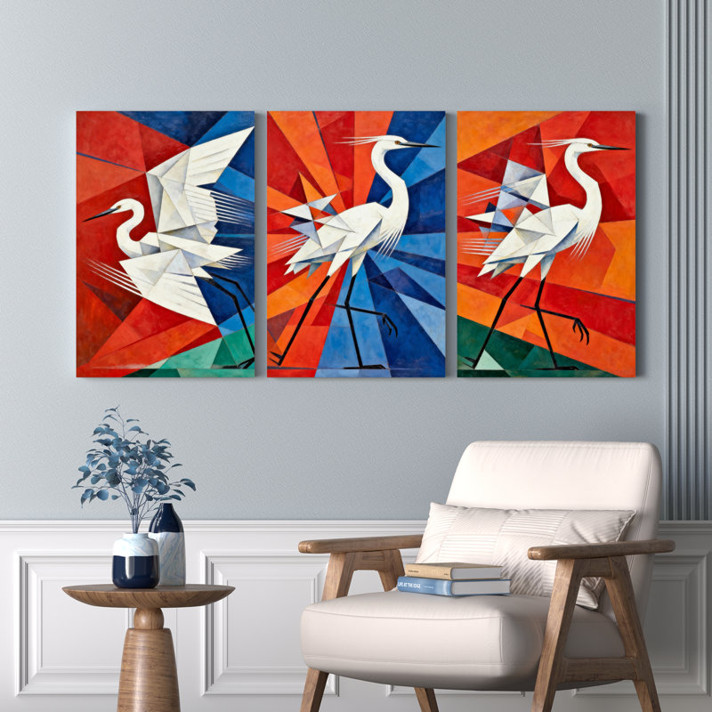 Ensemble de 3 tableaux abstraits géométriques sur toile tendue, représentant des grues, pour la décoration du salon, de la chambre et de la maison.