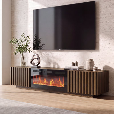 83" Fluted Fireplace TV Stand for TVs up to 85", TV Stand with Electric Fireplace, Entertainment Center with Storage Cabinets, Adjustable Shelves & Built-in Outlet, Walnut