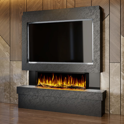 Evolution Fires Pre-Built Media Wall Package 2, finished in textured Venetian Plaster, includes Spectrum Series 44 Series 3-Sided Electric Fireplace