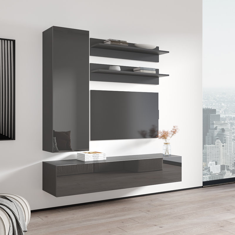 Wachter 63" Modern Floating Wall Mounted Entertainment Center with 16-Color LED Lighting, High Gloss Finish, Gray