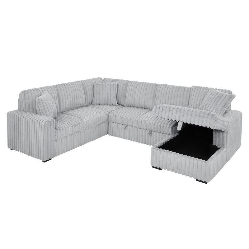 Canapé-lit d'angle surdimensionné en velours côtelé en forme de U (122 pouces) avec lit gigogne, méridienne de rangement et port de chargement USB, gris