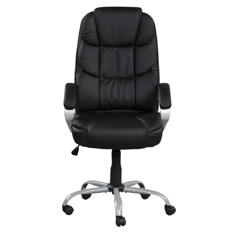PU Leather Upholstered Office Task Chair, Modern Adjustable 360 Degree Swivel Chair, High Back, Black/Silver