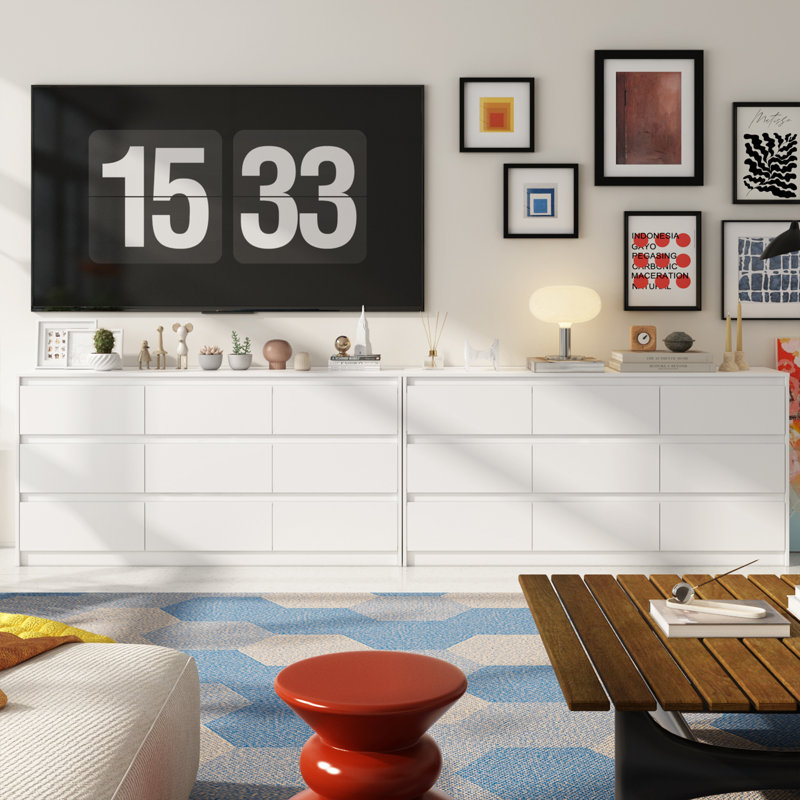 Commode double en bois manufacturé et solide 18 tiroirs Janeiya , Blanc