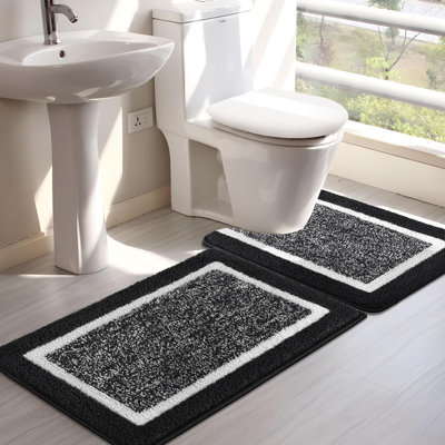 Bathroom Rug Mat Set, Microfiber Shaggy Bath Mat, Non-Slip Soft Bathroom Carpet, Super Absorbent Quick Drying, Machine Washable, 2 Piece With U-Shaped Toilet, Black, 45X65cm+50X60cm