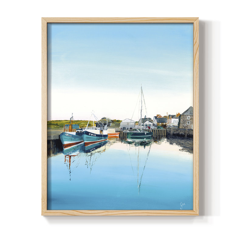 Padstow Harbor, reproduction d'art encadrée - bois massif, H 30 po x l 24 po