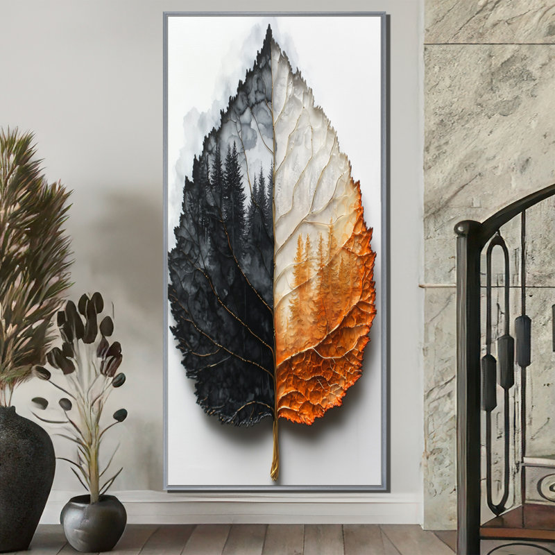 Haryln Modern Dark Leaves Symetry Of Autumn I - Leaves, art mural, H 60 po x l 28 po, Impression encadrée sans passe-partout
