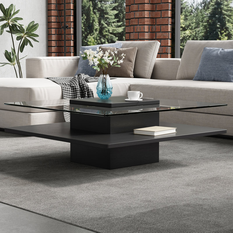 Table basse carrée avec plateau en verre et tablettes, Transparent&Black / Black