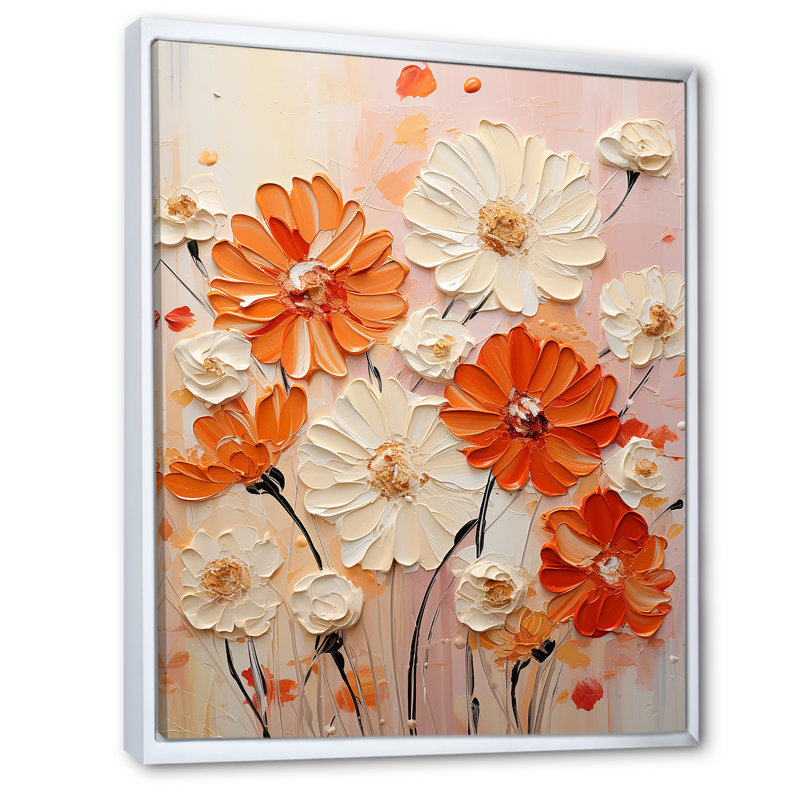 Art mural orange et beige Fiery Blooms 2 - souci, Cadre flottant blanc, H 32 po x l 24 po