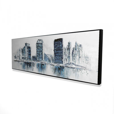 Paysage urbain texturé de couleurs bleues - toile encadrée 16 po x 48 po