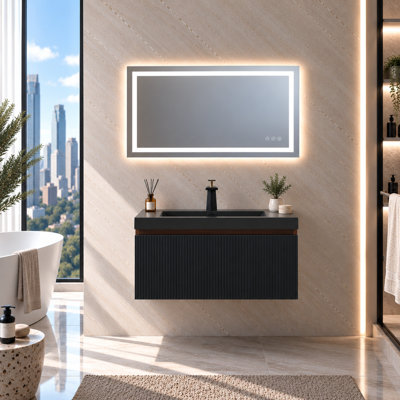 30" Wall‑Mounted Single Bathroom Vanity Floating Fluted Vanities Ink Black Soft‑Close Drawer, Black Quartz Sand Sink, Pre‑Assembled