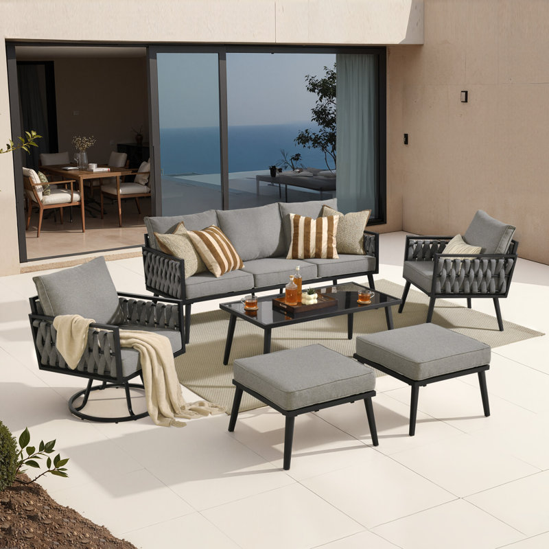 7 - Person Patio Furniture Set With Swivel Chairs, Outdoor Metal Frame Sofa Seating Group With Cushion, Dark Gray