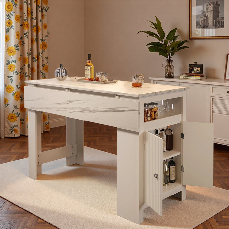 3-in-1 Dining Table with Foldable Tabletop, Enclosed Cabinet, Adjustable Shelf, Open Compartment and Side Hooks, White