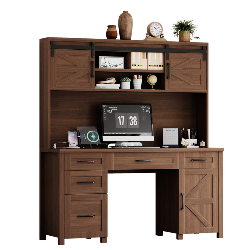 61'' W Executive Desk With Drawers And Power Outlets, Walnut