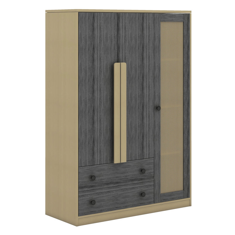  Armoire-penderie en bois à 3 portes avec 2 tiroirs Bim, Gris / nature