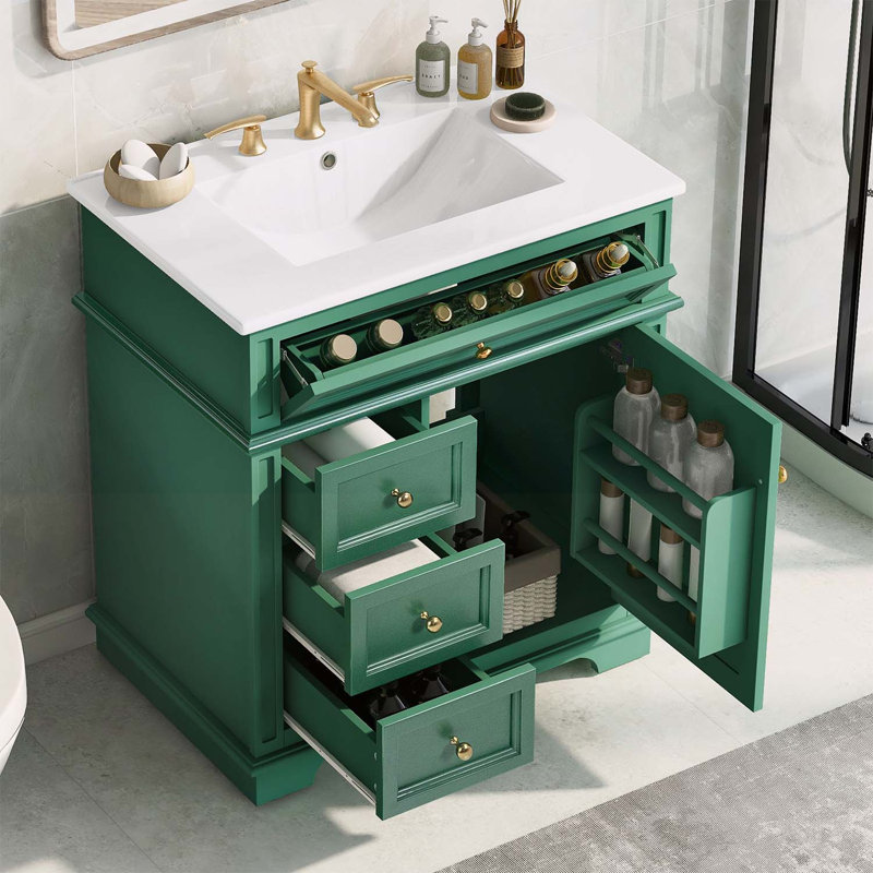 Meuble-lavabo polyvalent avec plusieurs options de rangement et fabrication durable, Vert