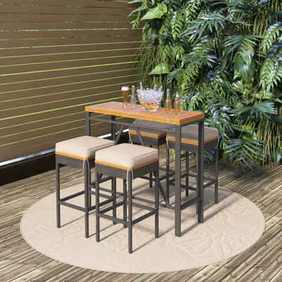 5-Piece Acacia Wood Outdoor Bar Height Table And Four Stools With Cushions, Garden PE Rattan Wicker Dining Table, Foldable Tabletop, High-Dining Bistro Set, All-Weather Patio Furniture, Brown