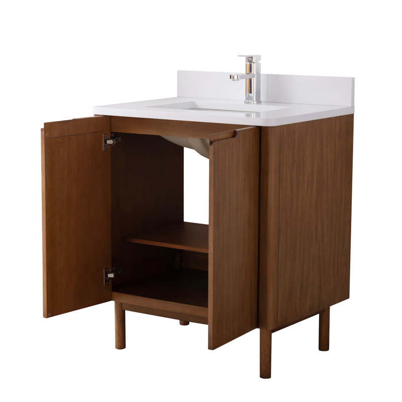 Meuble-lavabo sur pied moderne Tennant Brand 30 pouces, chêne chaud brun fumé, lavabo simple, comptoir en quartz blanc, entièrement assemblé