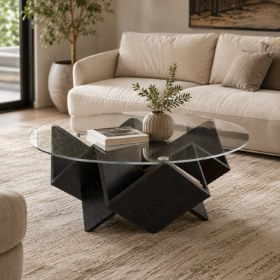 Table basse ronde en verre Caston de 35,4 po avec base géométrique Art Déco, plateau en verre trempé et tablettes de rangement ouvertes, table centrale moderne pour le salon