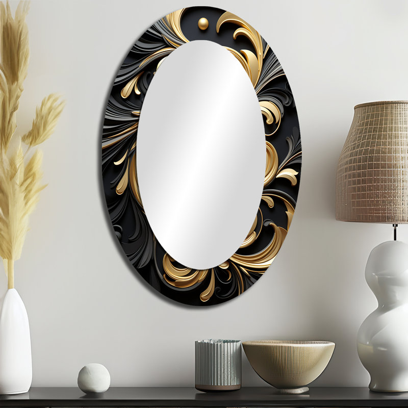 Motif d'ornement doré sur fond noir - miroir ovale doré, 36 po x 24 po