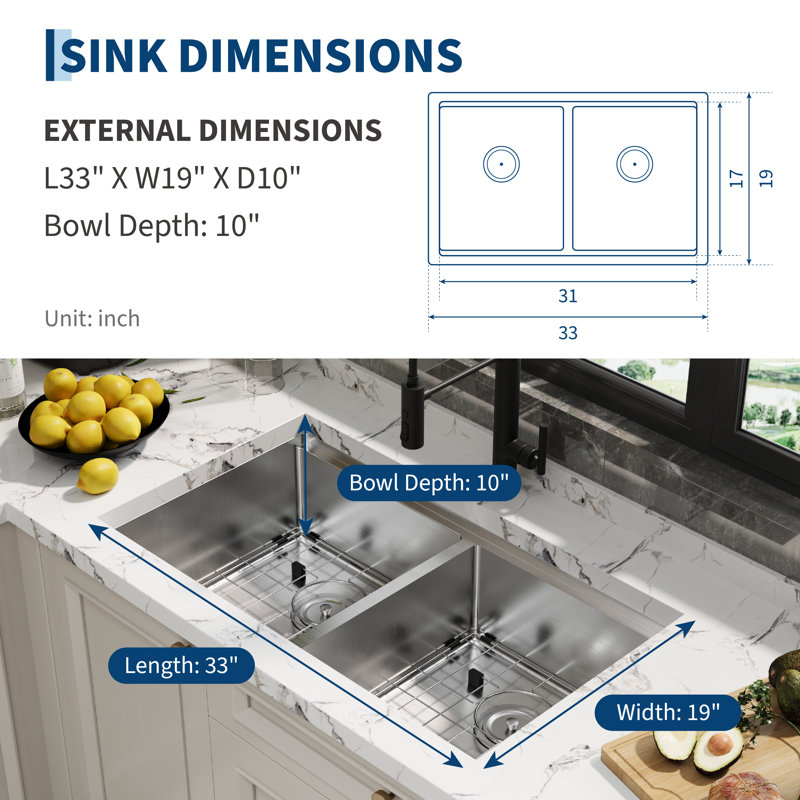 Évier de cuisine encastré sous comptoir 33 x 19 pouces – Acier inoxydable 304, 2 cuves à conception étagé, 33*19