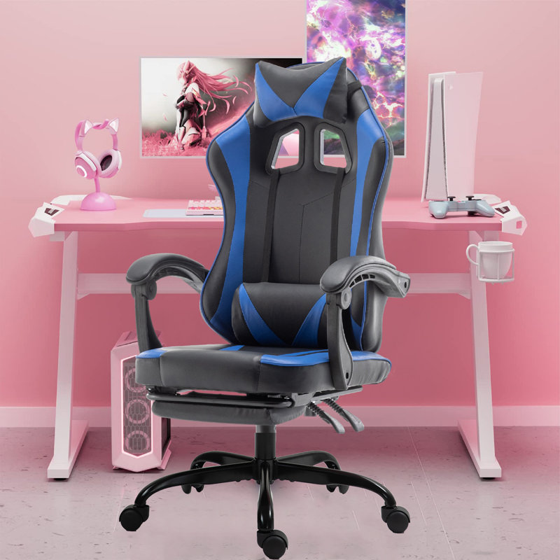 Fauteuil inclinable et ergonomique inclinable en similicuir et jeu de course avec repose-pieds, Bleu