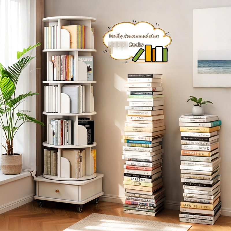 Bibliothèque blanc chaud à 6 niveaux avec roulettes 360 ° avec roulettes, tiroir et chicane, espace, pour salon, chambre à coucher, bureau - rangement multifonctionnel rotatif pour la maison, le bureau, la chambre à coucher