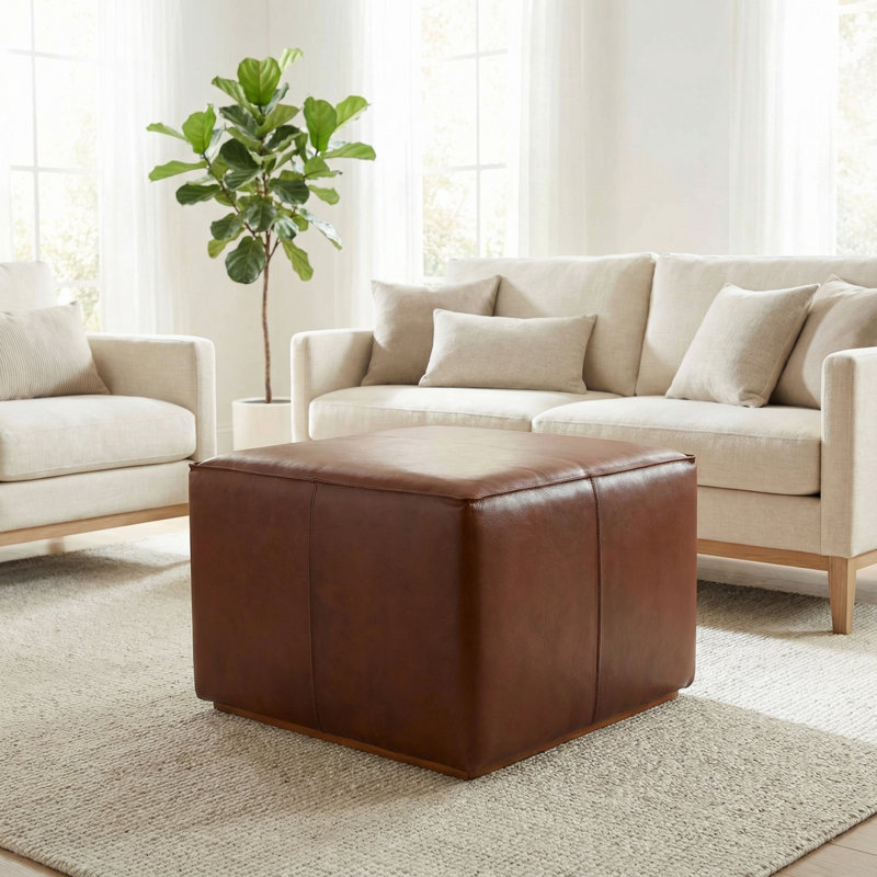 Nikola Genuine 100% Leather Square Ottoman, Brown