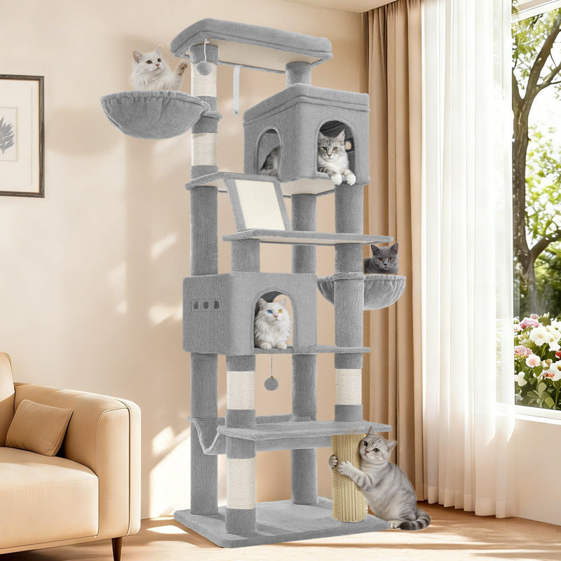 Grande tour d'arbre à chat robuste, condo pour animaux de compagnie de 75 pouces de hauteur pour 7 grands chats, tour d'escalade d'intérieur pour arbre à chat, 2 grandes plateformes / 2 grottes / 2 paniers suspendus / 5 griffoirs, gris clair