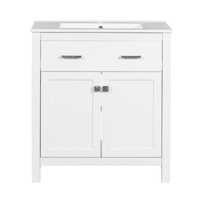 Meuble-lavabo de 30 po avec lavabo en céramique, armoire blanche moderne à 2 portes et tablette, portes, lavabo sur cadre, deux portes à fermeture en douceur, structure stable