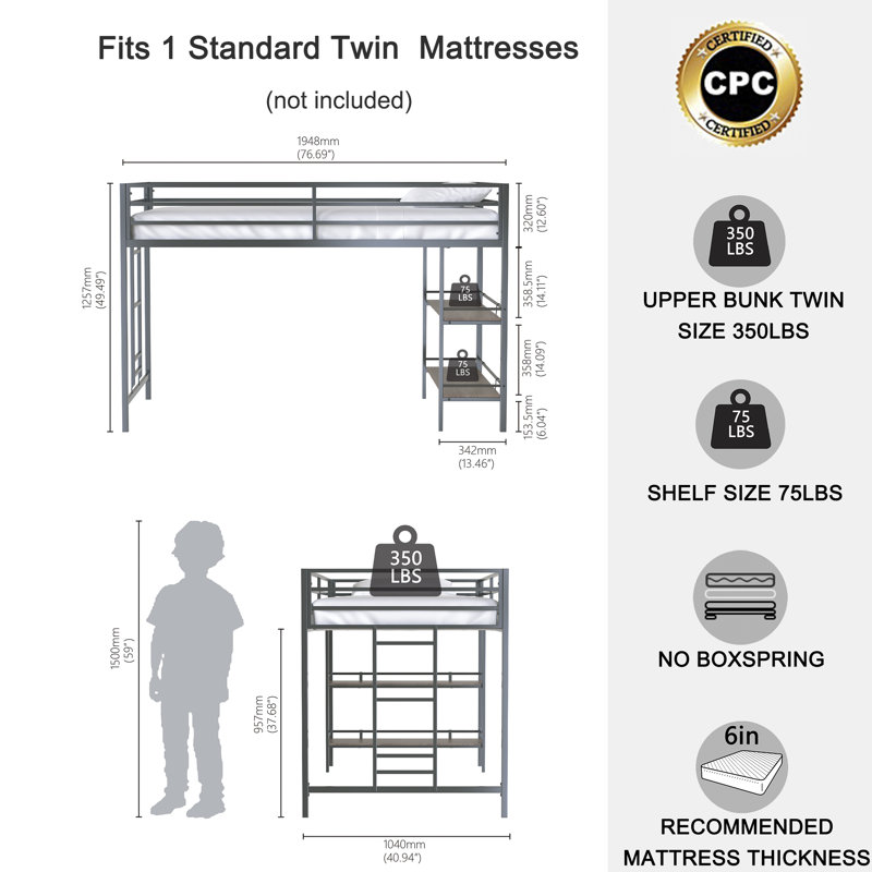 Junior Twin Loft Bed with Black Metal Frame & Cinnamon Wood Shelf – Space-Saving Kids & Teens Bunk with Ladder