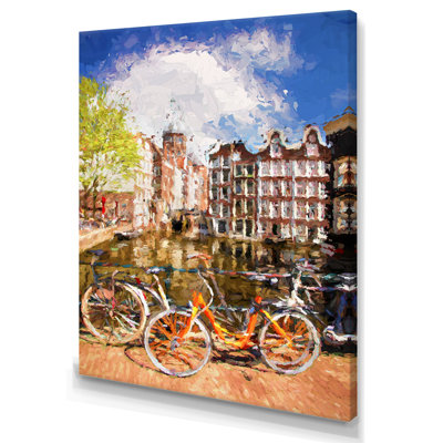 «Vintage Bikes In Amsterdam Street - Cabin & Lodge», reproduction d'art sur toile