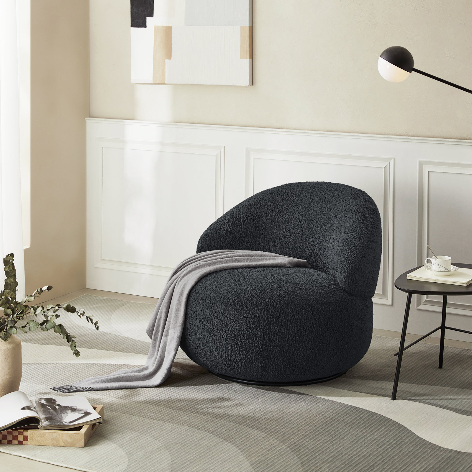 Moriarty Pine Swivel Lounge Chair, Aries Grey Boucle