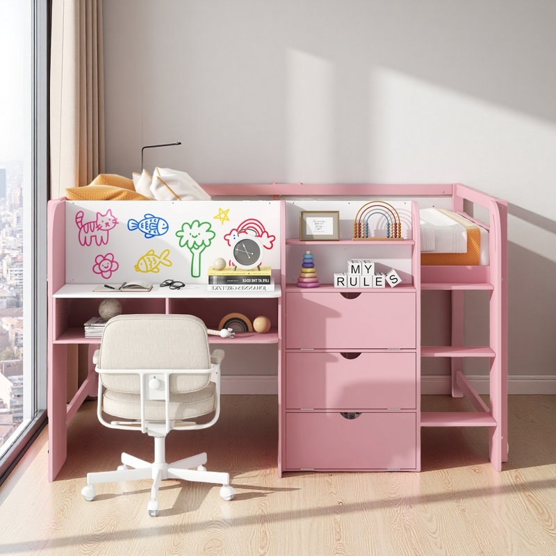 Full Size Low Loft Bed With Built-In Desk, Pink