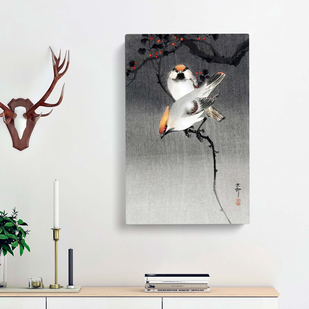 Bohemian Waxwing Birds by Ohara Koson - Wrapped Canvas