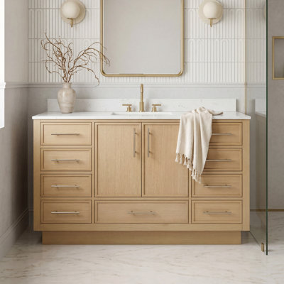 Meuble-lavabo simple de 152 cm (60 po) entièrement assemblé, avec comptoir et dosseret en marbre reconstitué.