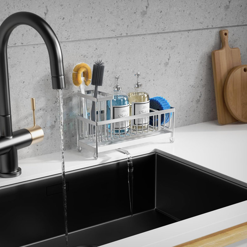 Très grand chariot d'évier de cuisine en acier inoxydable avec buse rotative et porte-brosse, H 3,7 po x l 10 po x P 3,93 po