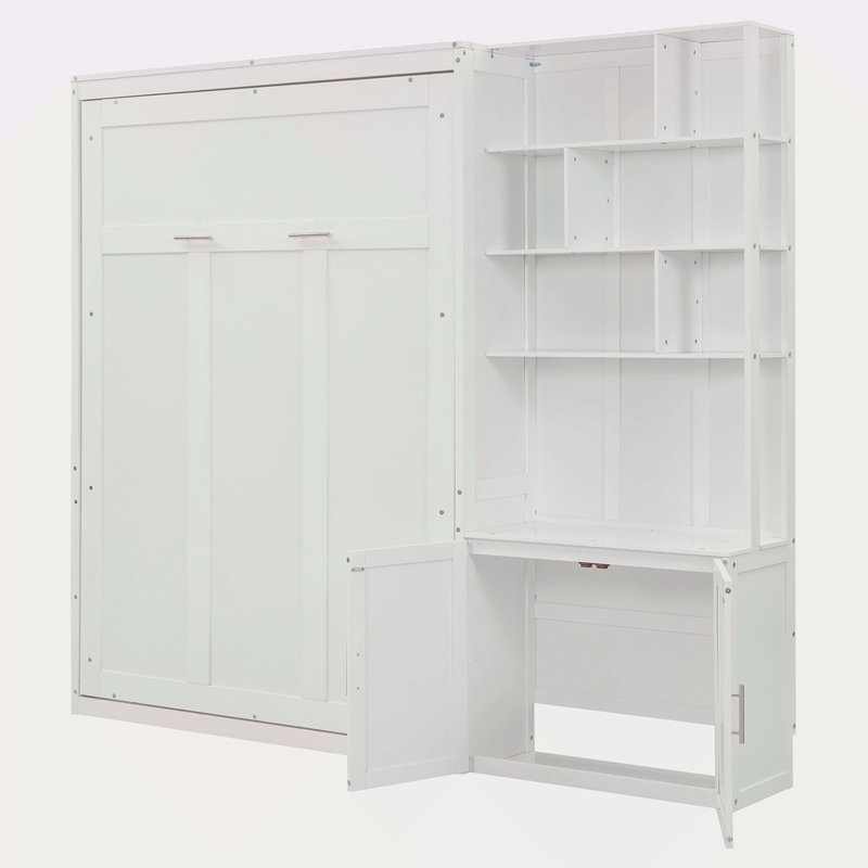 Lit escamotable double avec plusieurs tablettes de rangement et une armoire