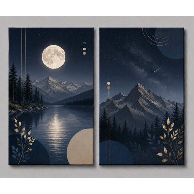Très grand ensemble de 2 impressions murales de nuit sur toile de montagne au clair de lune, œuvre d'art moderne pour chambre à coucher, décor de chalet 24 x 36 pouces - prêt à être accroché