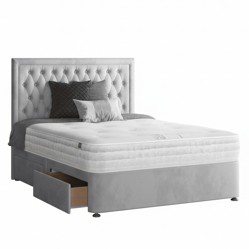 Gallego Upholstered Divan Bed, Single (3'), Silver, 2 Left Drawers