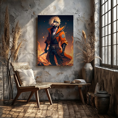 Toile, un personnage d'anime dynamique se dresse en toute confiance dans un art mural orange frappant et un ensemble noir avec une longue jaquette