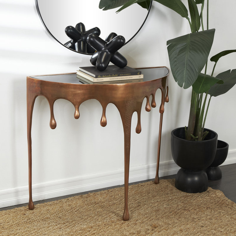 Moderna Aluminum Metal Abstract Crescent Drip Living Room Console Table with Melting Designed Legs and Shaded Glass Top