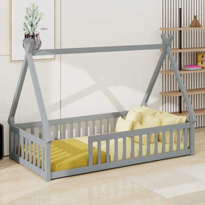 Tent-Shaped Floor Bed With Design, Guardrails And  Slats