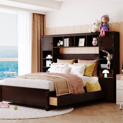 Full Size Wooden Bed With Built-In Cabinet And Shelf - Solid Flair