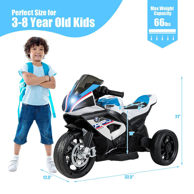 Motocyclette pour enfant avec moteur à piles 3 roues, klaxon, musique, MP3, port USB, Blanc