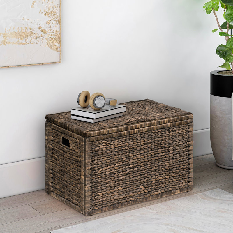 Coffre de rangement robuste en osier de jacinthe d'eau avec charnière de sécurité et structure en métal Ved, H 17,5 po x l 30 po x P 17,5 po, délavé brun