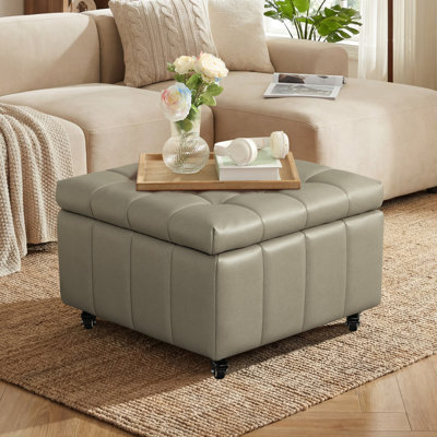 23.5" W Square Faux Leather Ottoman With Storage Puff with Casters